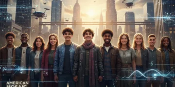 Diverse young Americans symbolizing evolving cultural identity in a future cityscape.