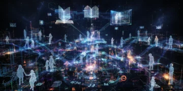 Futuristic digital landscape with data streams reshaping cultural narratives