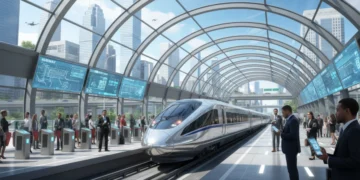 Modern high-speed train at a city station, representing USA public transportation in 2026.