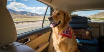 Golden retriever happily traveling in a car, looking out the window on a scenic highway.