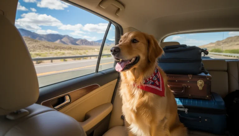 Golden retriever happily traveling in a car, looking out the window on a scenic highway.