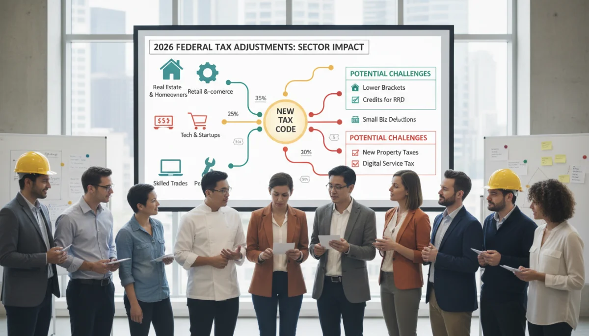 Diverse individuals and small business owners analyzing a simplified infographic of 2026 federal tax code changes and their potential impact.