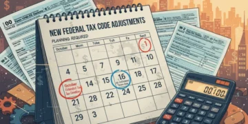 October 2026 calendar with tax forms and calculator, symbolizing upcoming federal tax code adjustments and financial planning.