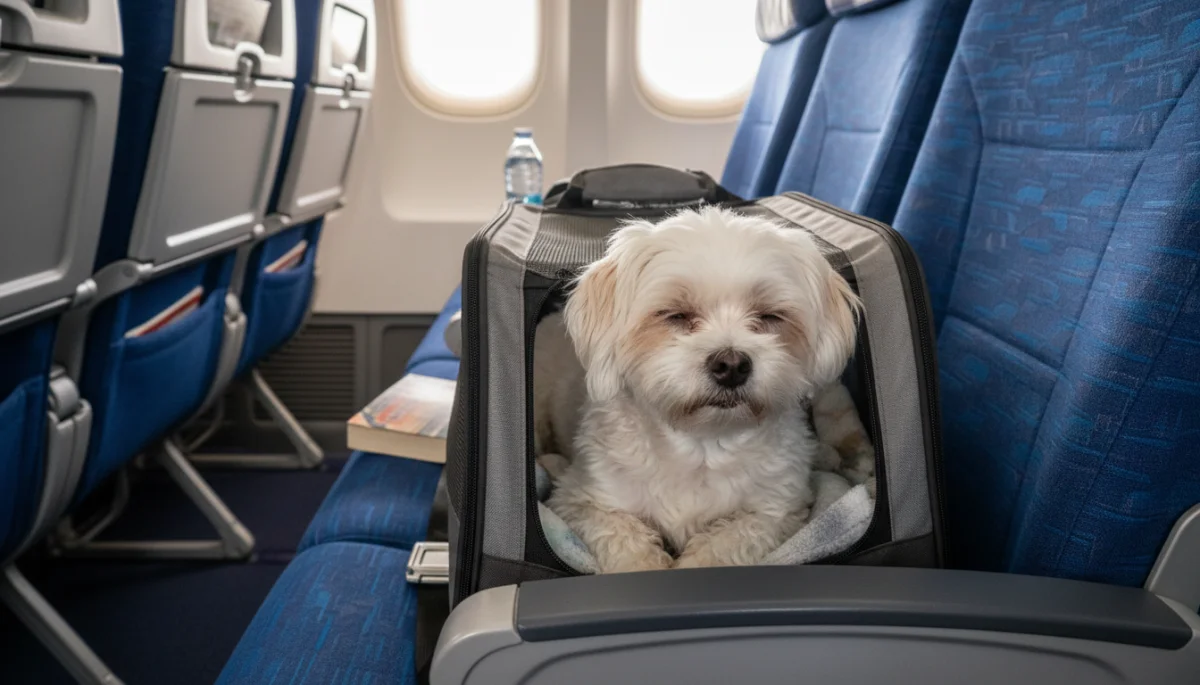 Small dog in a pet carrier on an airplane seat, calm and relaxed during air travel.