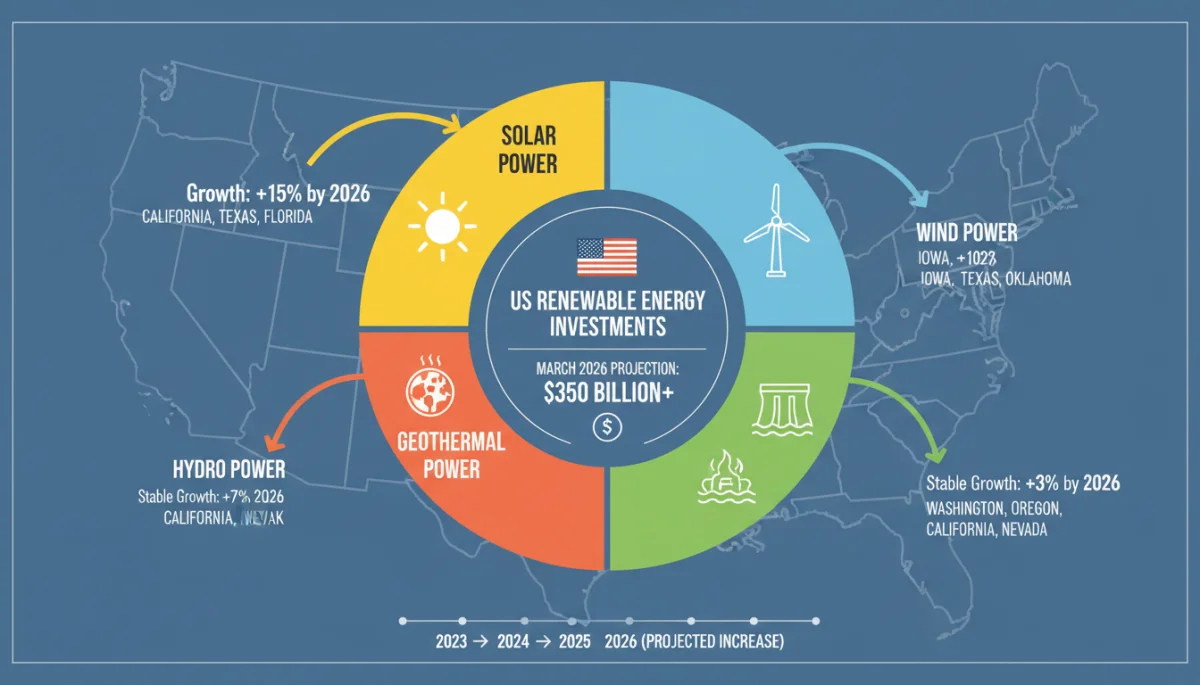 Infographic showing US renewable energy investment breakdown and growth trends