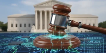 Gavel on circuit board symbolizing digital privacy law, Supreme Court in background