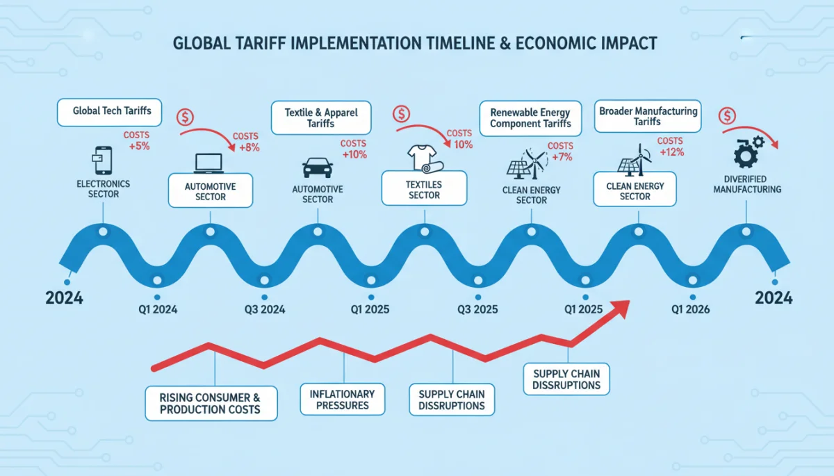 Infographic detailing the timeline and sectoral impact of US tariffs on imported goods through 2026.