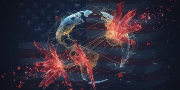 Global supply chain network facing disruption from new US tariffs in 2026, illustrating economic impact.