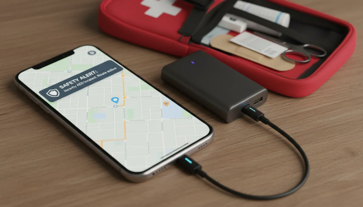 Smartphone with safety app and travel essentials for solo adventurers.