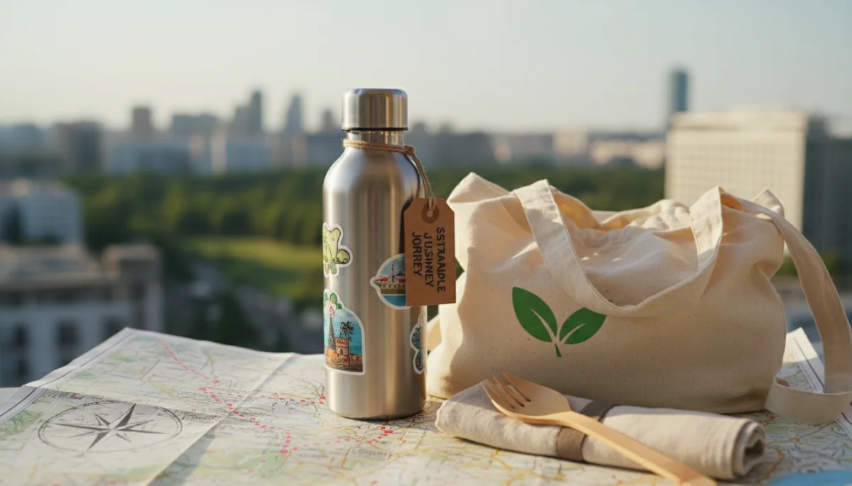Reusable water bottle and tote bag, essential for eco-conscious travelers.
