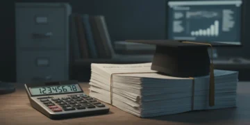 Calculator with rising numbers, student loan documents, and graduation cap