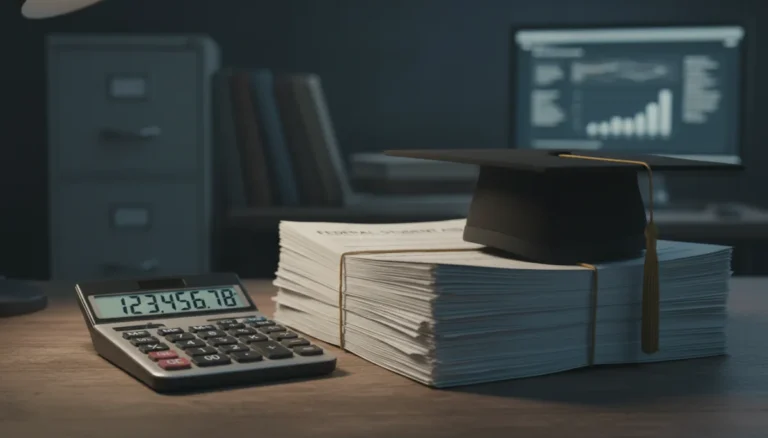 Calculator with rising numbers, student loan documents, and graduation cap