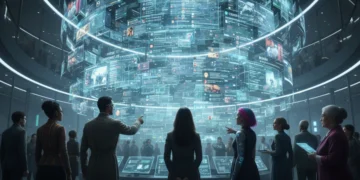People critically engaging with diverse American narratives in a futuristic media landscape