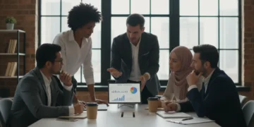 Small business owners reviewing new federal loan program changes on a tablet