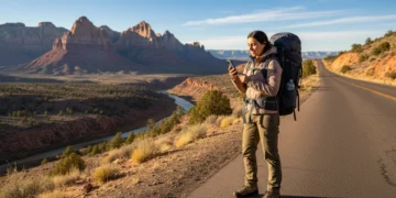 Solo female traveler admiring a vast desert landscape at sunset in the American Southwest.