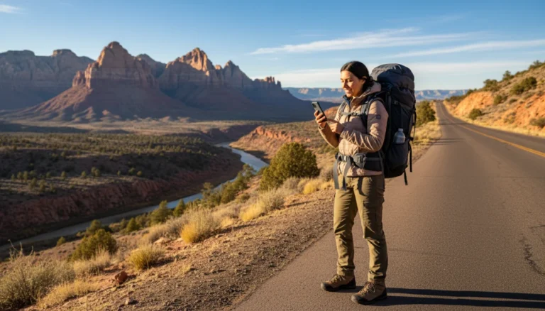 Solo female traveler admiring a vast desert landscape at sunset in the American Southwest.