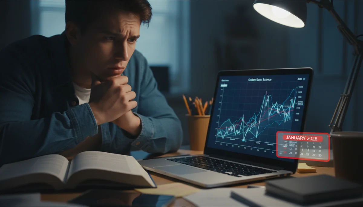 Student analyzing financial data on laptop, concerned about loan rates