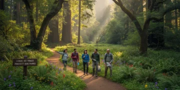 Hikers enjoying a scenic, eco-friendly trail in a US national park, promoting sustainable travel.