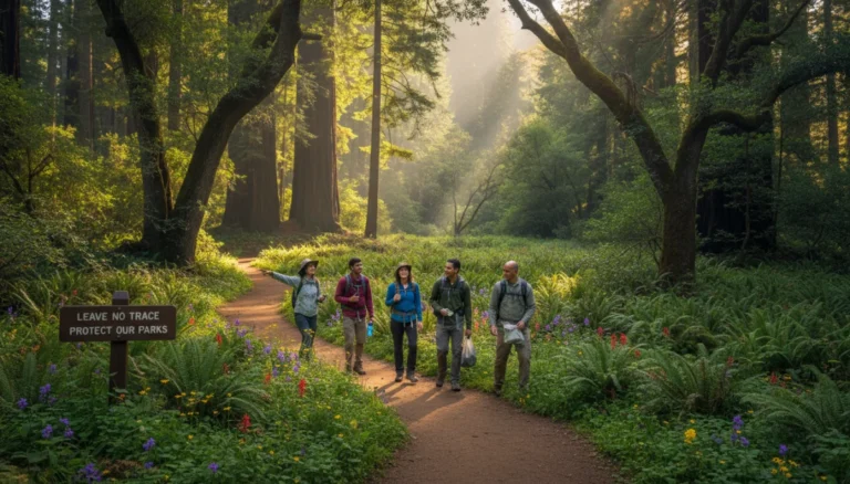 Hikers enjoying a scenic, eco-friendly trail in a US national park, promoting sustainable travel.