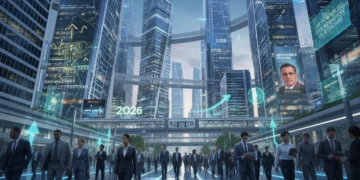 Dynamic US labor market in 2026 with diverse professionals and digital trends
