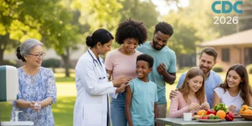Public health alert with diverse people practicing disease prevention strategies for 2026.