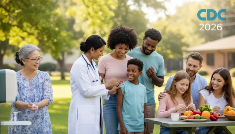 Public health alert with diverse people practicing disease prevention strategies for 2026.