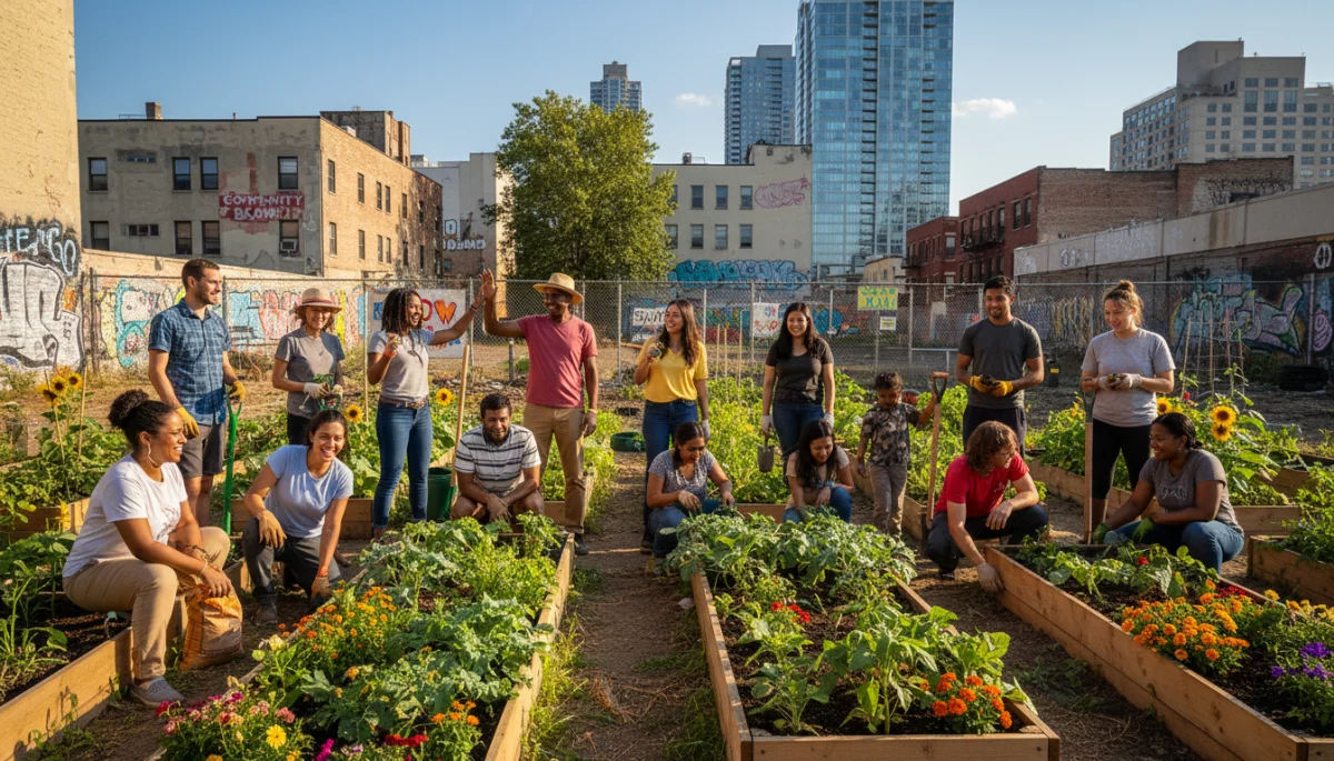 Community members creating a pop-up garden in an urban lot