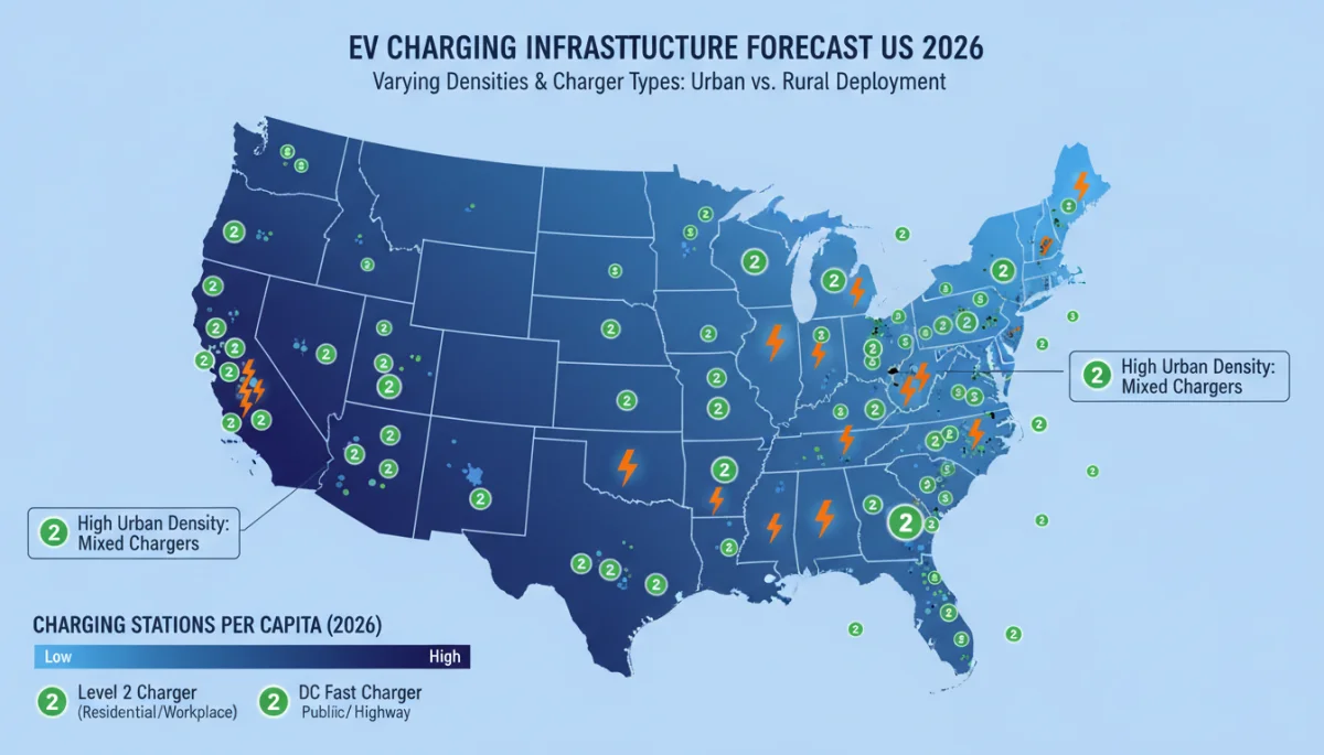Projected growth and distribution of EV charging stations in the US by 2026.