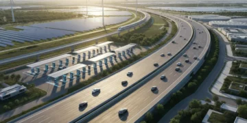 Modern highway with EV charging stations and electric cars, symbolizing future transportation.