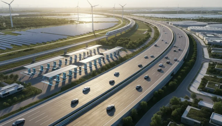 Modern highway with EV charging stations and electric cars, symbolizing future transportation.