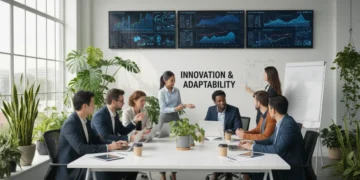 Professionals collaborating in a modern office, representing the new American work ethic