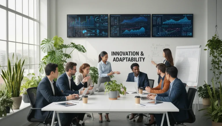 Professionals collaborating in a modern office, representing the new American work ethic