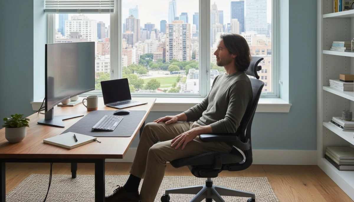 Remote worker in a home office, symbolizing work flexibility