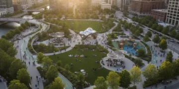 Vibrant urban park with diverse community activities