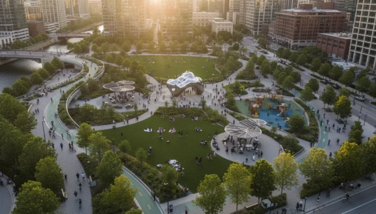 Vibrant urban park with diverse community activities